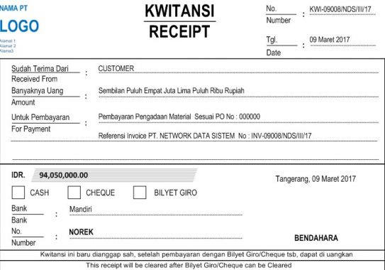 Contoh Kwitansi Dalam Bentuk Cash Receipt