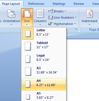 Pilih Tab “Page Layout” klik icon “Size” untuk mengubah ukuran kertas, piliha “A4”