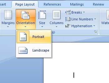 Pilih Tab “Page Layout” klik icon “orientation” dan pastikan layout dokumen “Portrait”